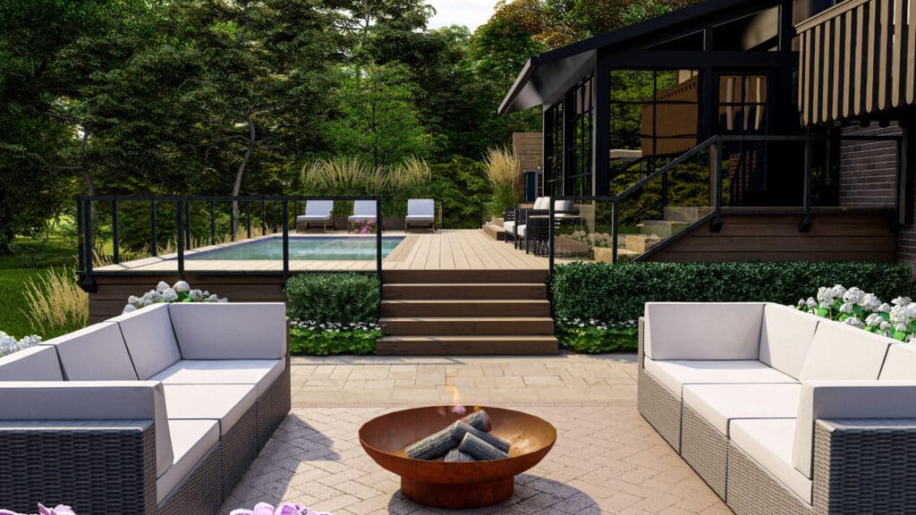 fire pit and seating area for pool