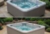 Side-by-side comparison of a prefabricated fiberglass hot tub and a custom gunite hot tub in a backyard setting