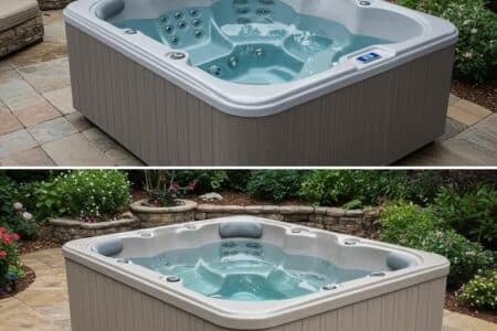 Side-by-side comparison of a prefabricated fiberglass hot tub and a custom gunite hot tub in a backyard setting