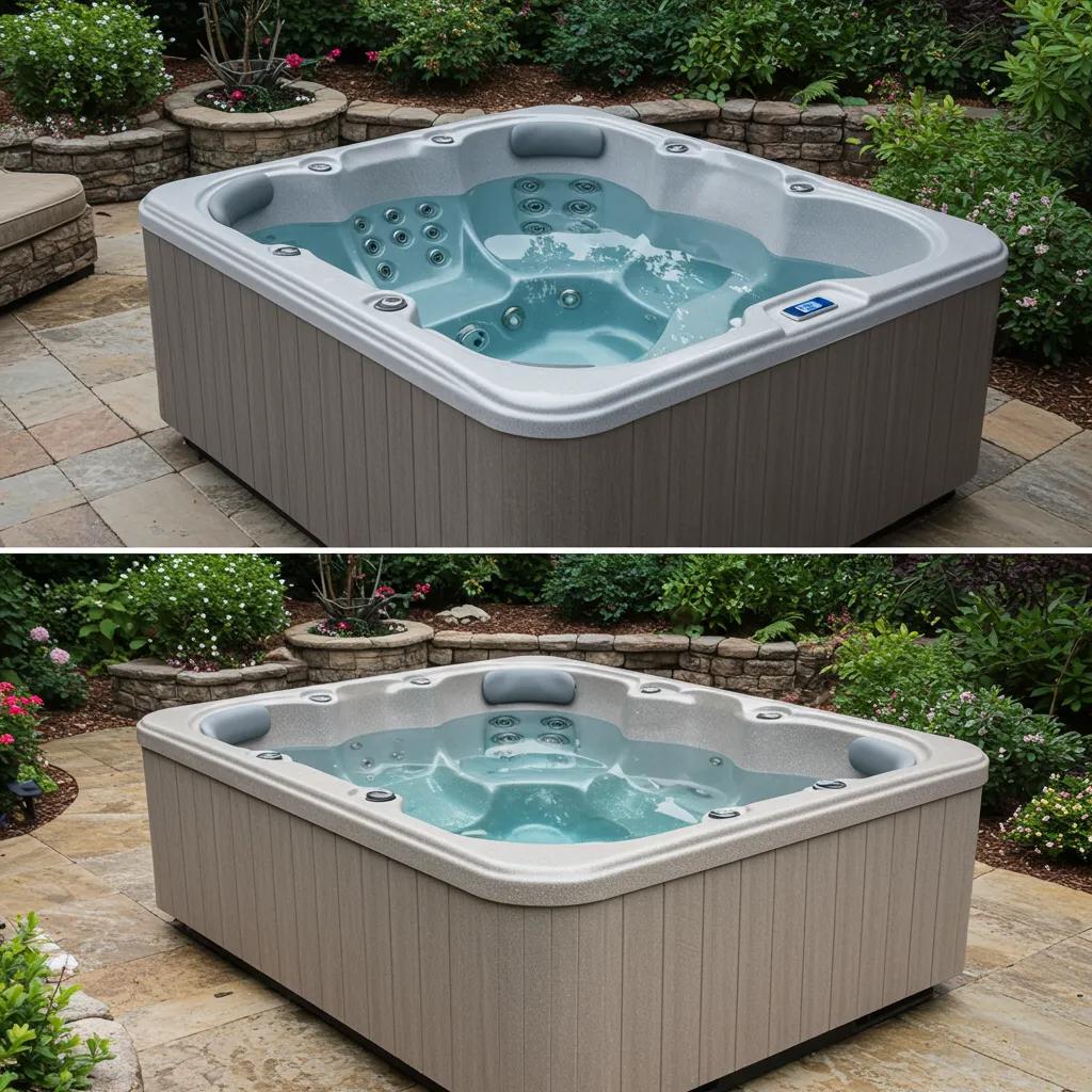 Side-by-side comparison of a prefabricated fiberglass hot tub and a custom gunite hot tub in a backyard setting