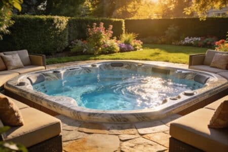Luxury outdoor hot tub in a serene backyard, highlighting relaxation and comfort