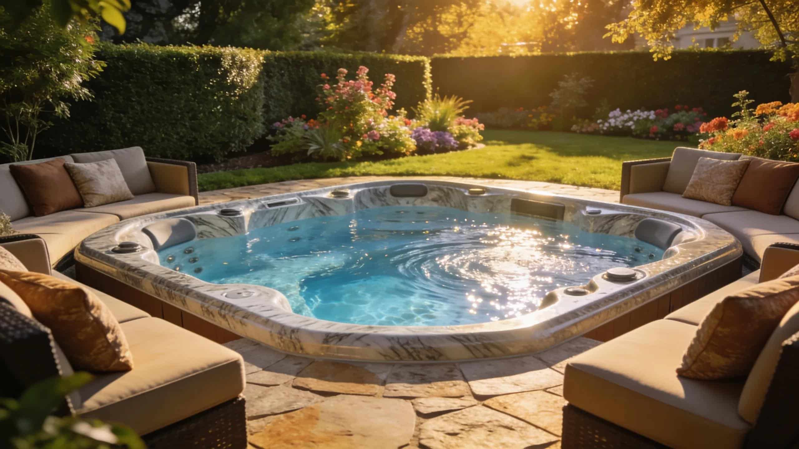 Luxury outdoor hot tub in a serene backyard, highlighting relaxation and comfort